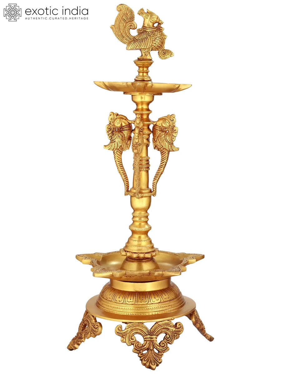 19" Handmade Brass Mayur Lamp with Ten Wicks and Stand