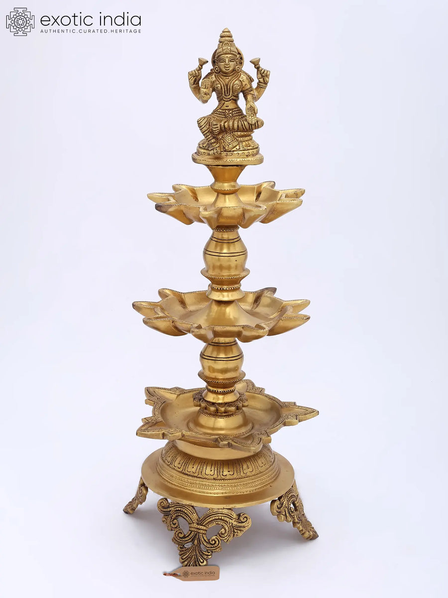 20" Brass Goddess Lakshmi Oil Lamp 23 Wicks for Pooja