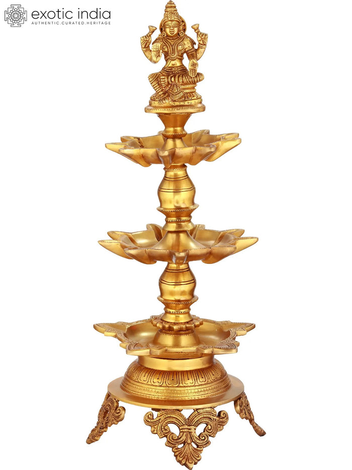 20" Goddess Lakshmi Twenty-Three Wicks Puja Lamp in Brass | Handmade | Made in India