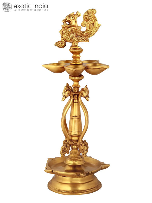 14" Brass Peacock Puja Lamp Handmade Idol