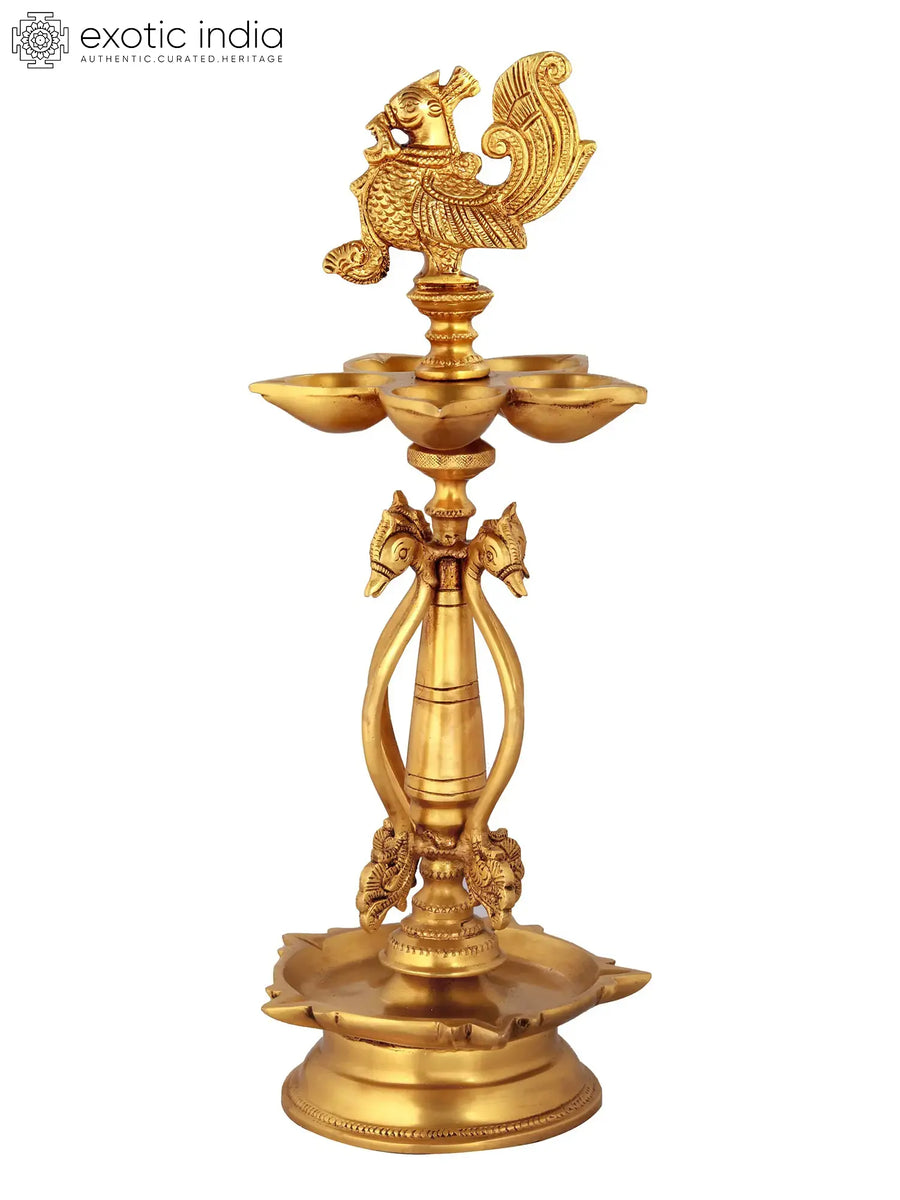 14" Brass Peacock Puja Lamp Handmade Idol