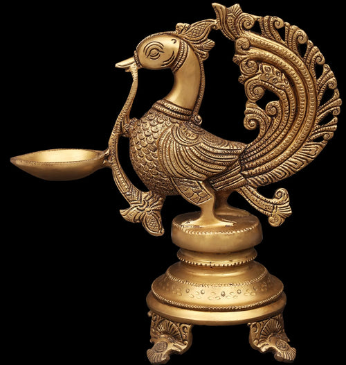 8" Handmade Brass Peacock Wick Puja Lamp