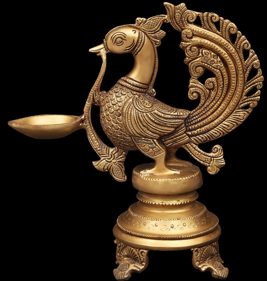 8" Handmade Brass Peacock Wick Puja Lamp