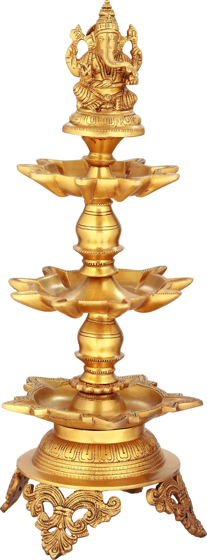 22" Handmade Lord Ganesha Brass Lamp with Lotus Pedestal