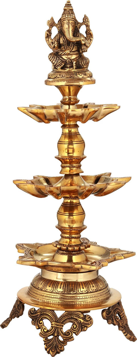 22" Lord Ganesha Brass Lamp on Miniature Lotus Pedestal Ð Handmade, Indian Craftsmanship