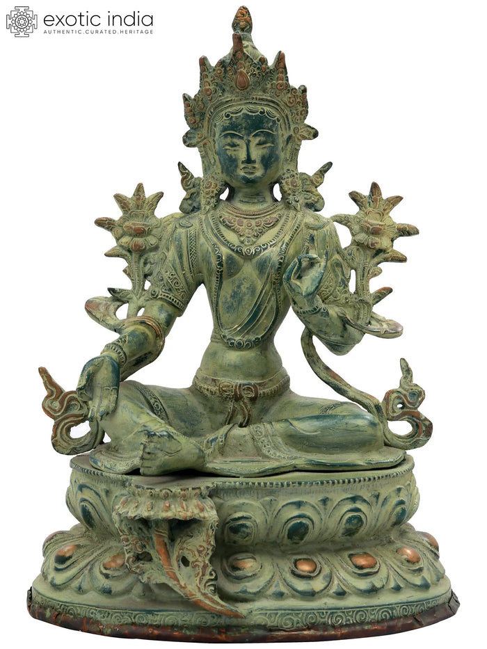 13" Green Tara Brass Statue Handmade for Home Decor