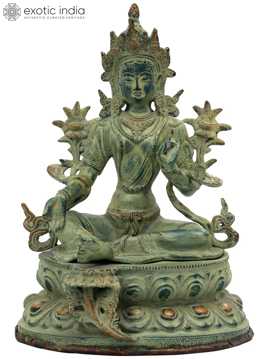 13" Green Tara Brass Statue Handmade for Home Decor
