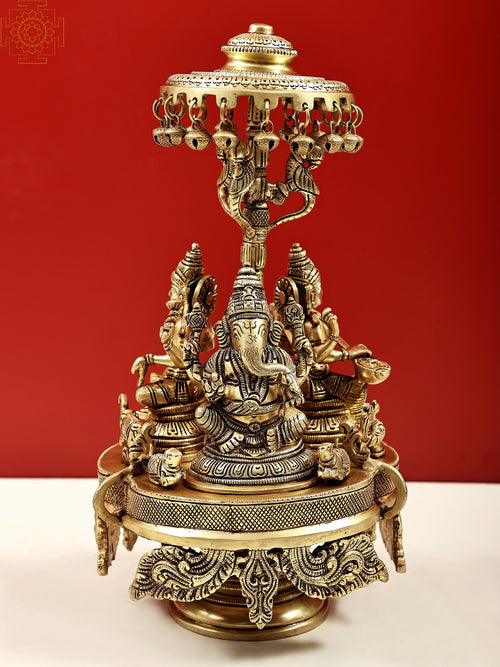 14" Handmade Brass Lakshmi Ganesha Saraswati Statue with Parasol