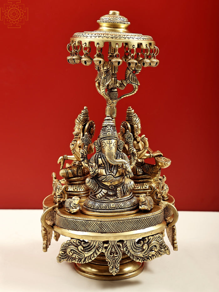 14" Handmade Brass Lakshmi Ganesha Saraswati Statue with Parasol