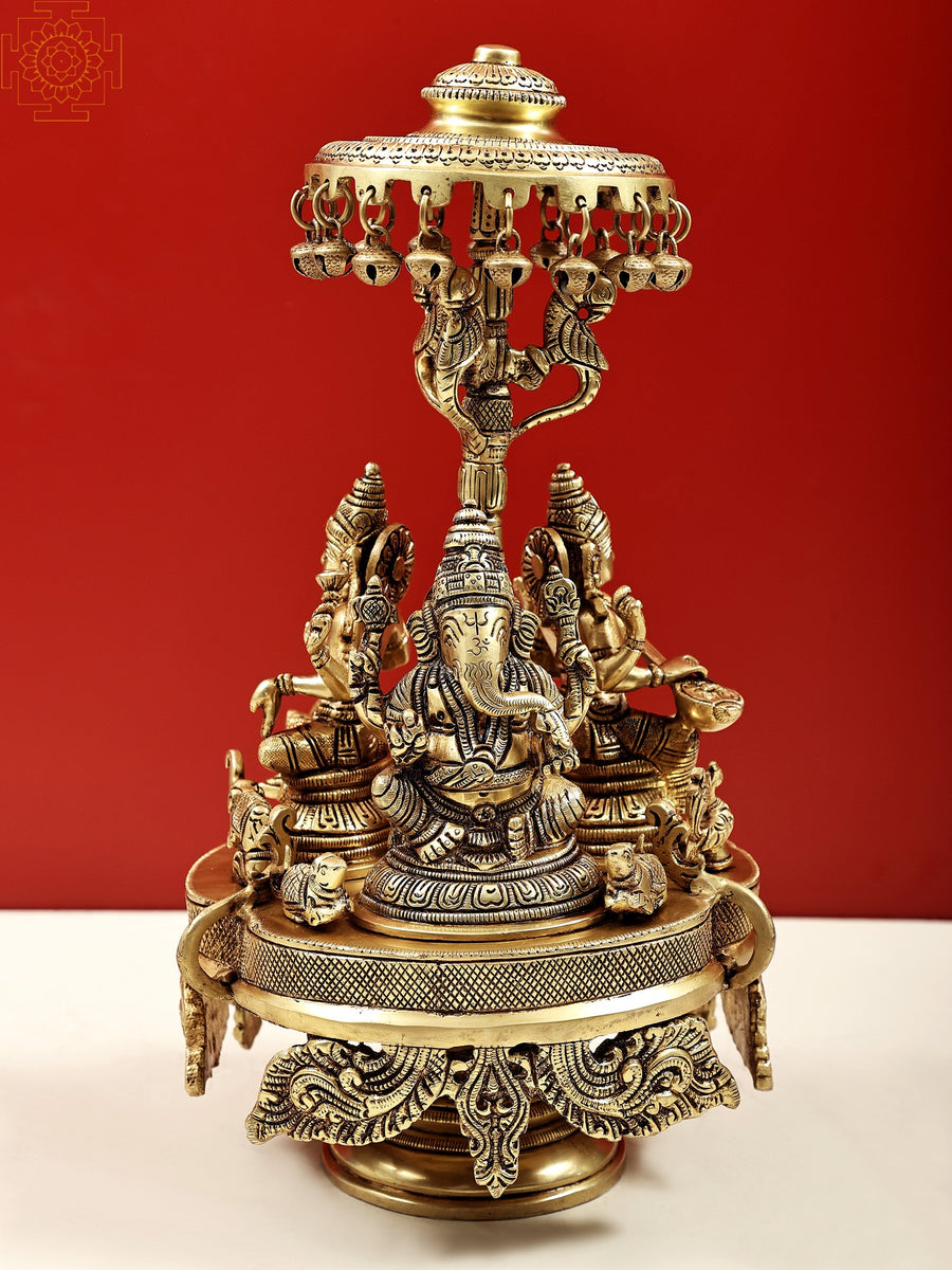 14" Handmade Brass Lakshmi Ganesha Saraswati Statue with Parasol