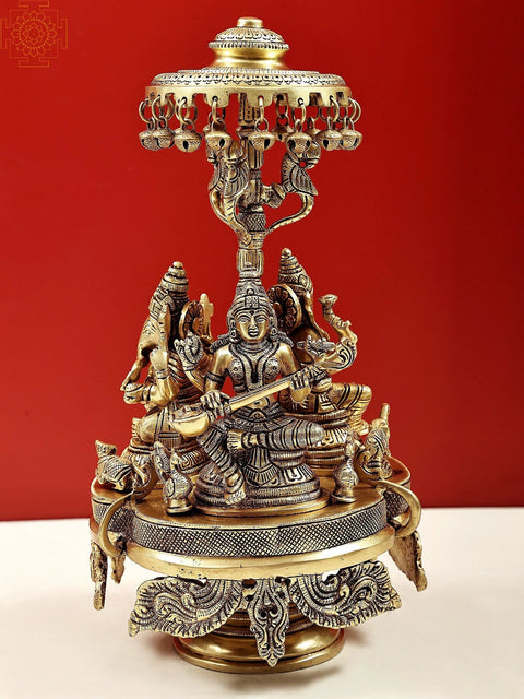 14" Lakshmi,Ganesha and Saraswati Seated on Moving Chowki with Parasol In Brass | Handmade