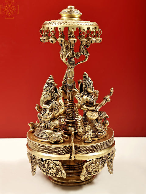 14" Lakshmi,Ganesha and Saraswati Seated on Moving Chowki with Parasol In Brass | Handmade