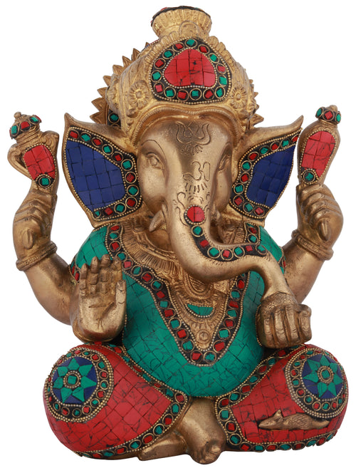 12" Handmade Seated Ganesha Brass Statue with Inlay Work