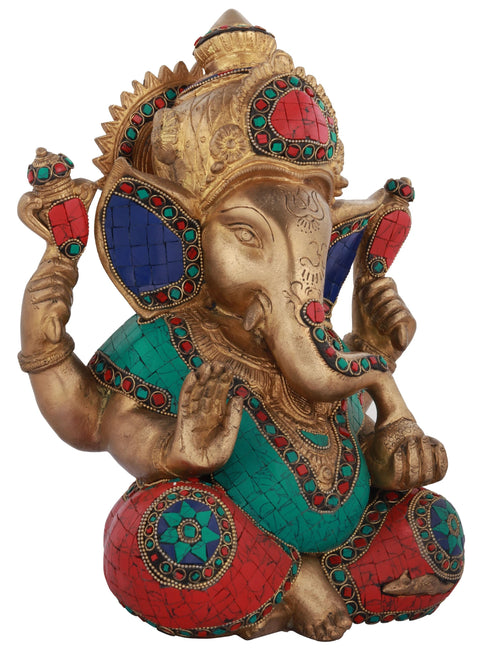 12" An Inlay Seated Ganesha In Brass | Handmade | Made In India