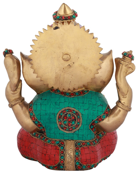 12" An Inlay Seated Ganesha In Brass | Handmade | Made In India