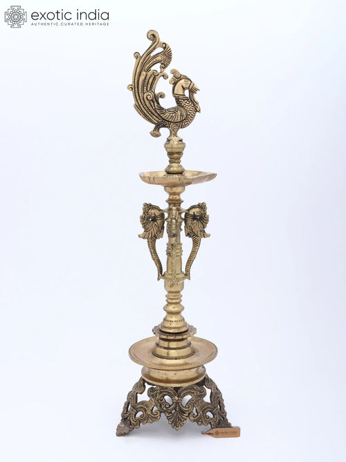 23" Handmade Mayur Brass Puja Lamp for Sacred Rituals
