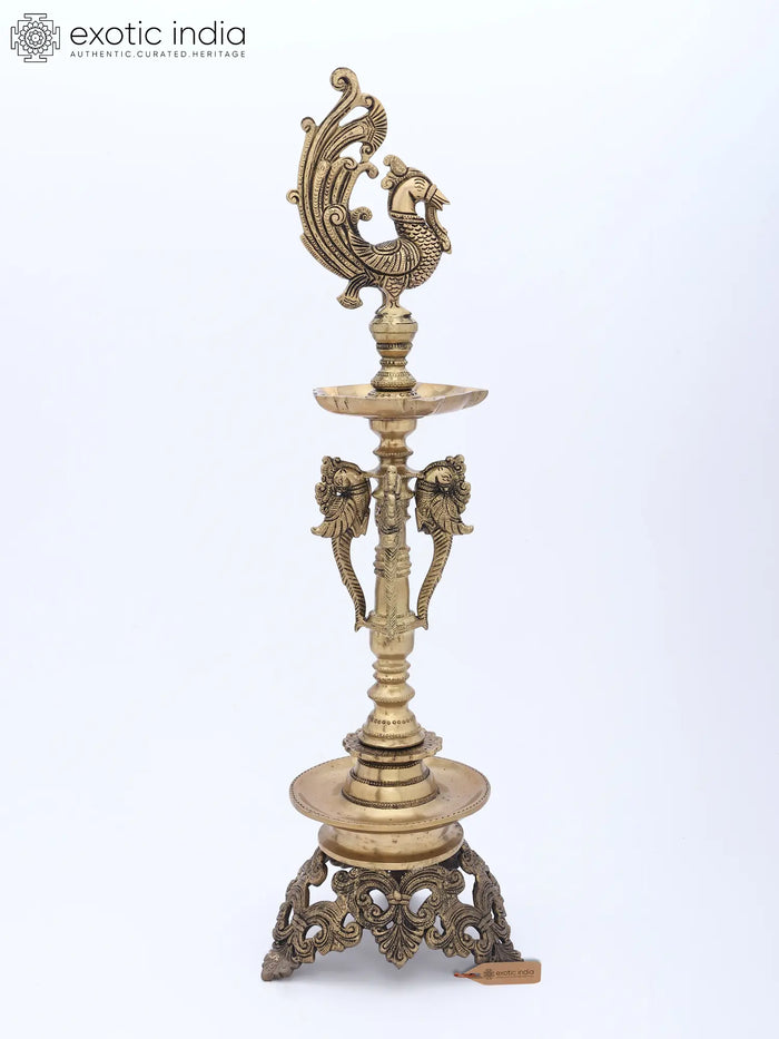 23" Handmade Mayur Brass Puja Lamp for Sacred Rituals