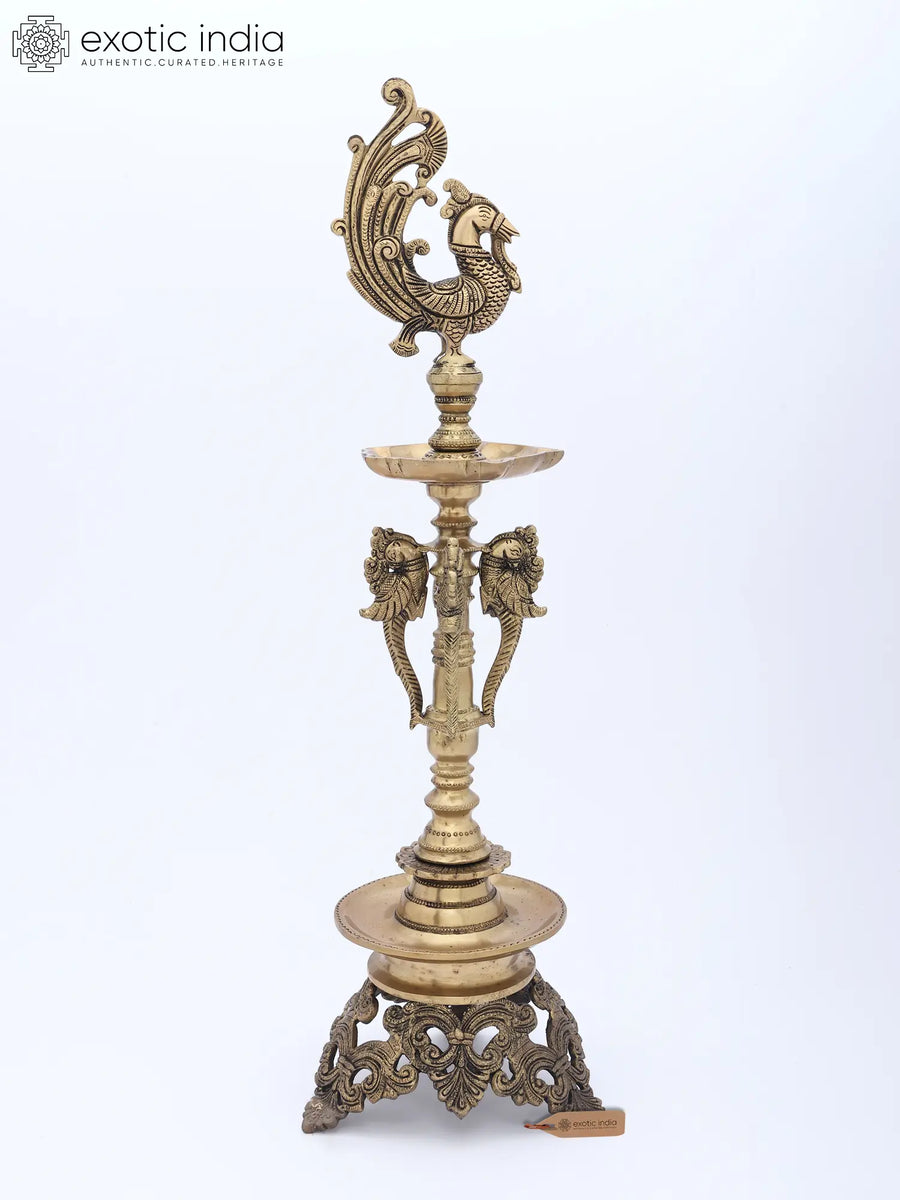 23" Handmade Mayur Brass Puja Lamp for Sacred Rituals