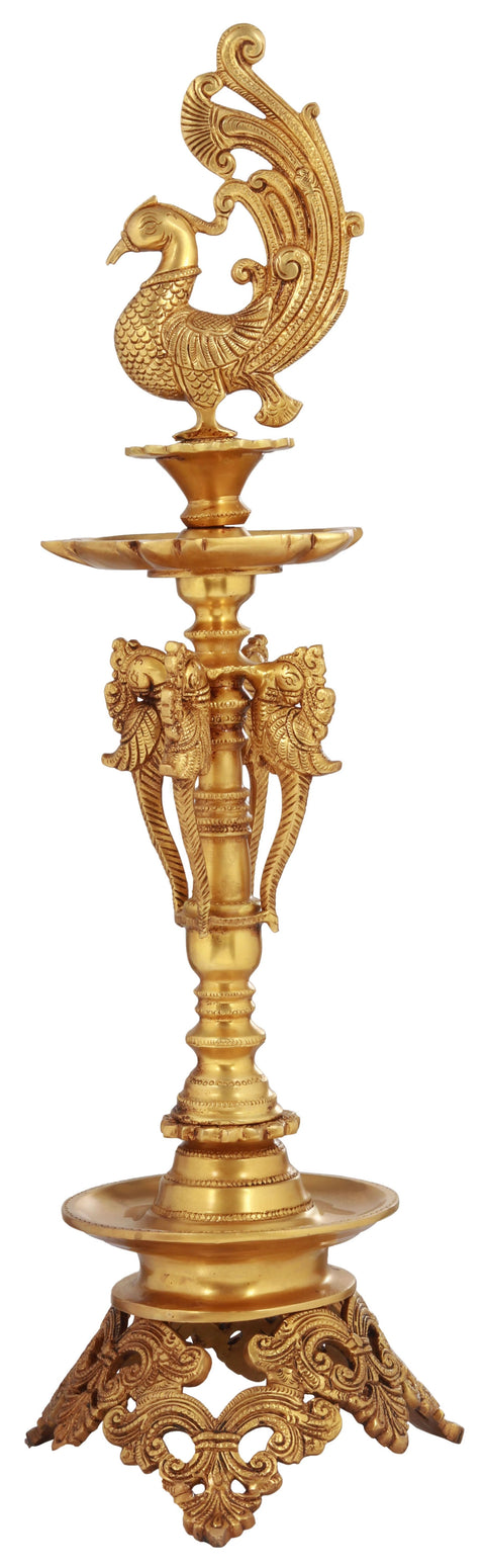 23" Mayur Puja Brass Lamp Ð Handmade Indian Craft for Sacred Rituals and Spiritual Decor