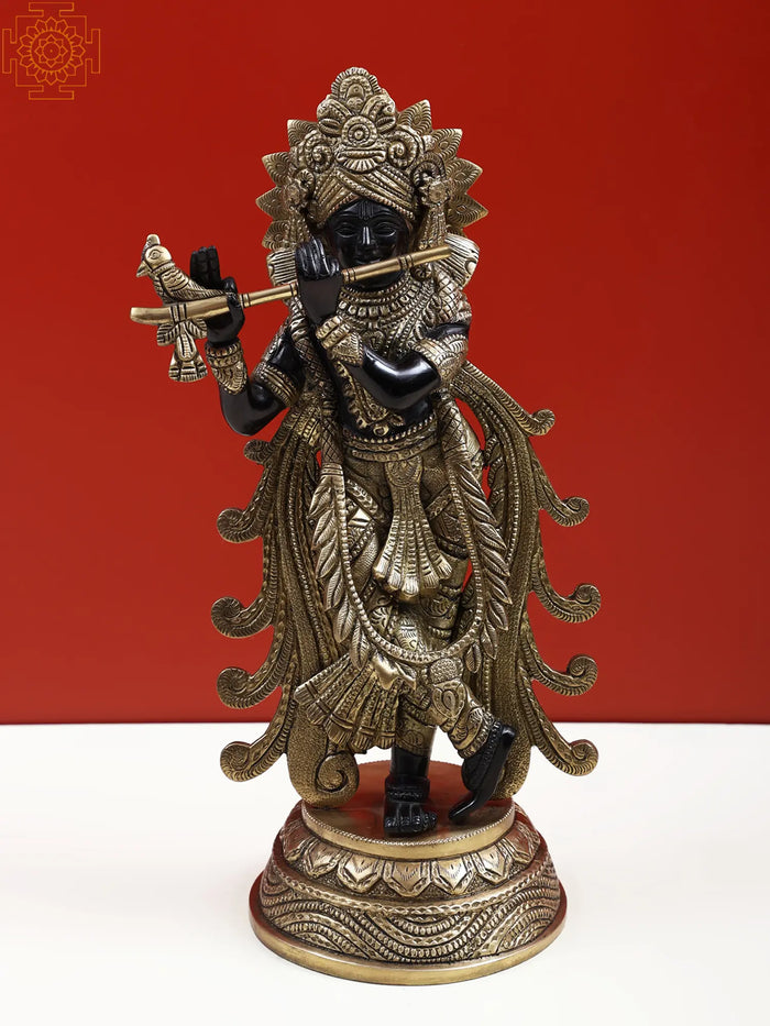 13" Brass Lord Krishna Playing Flute Statue Handmade