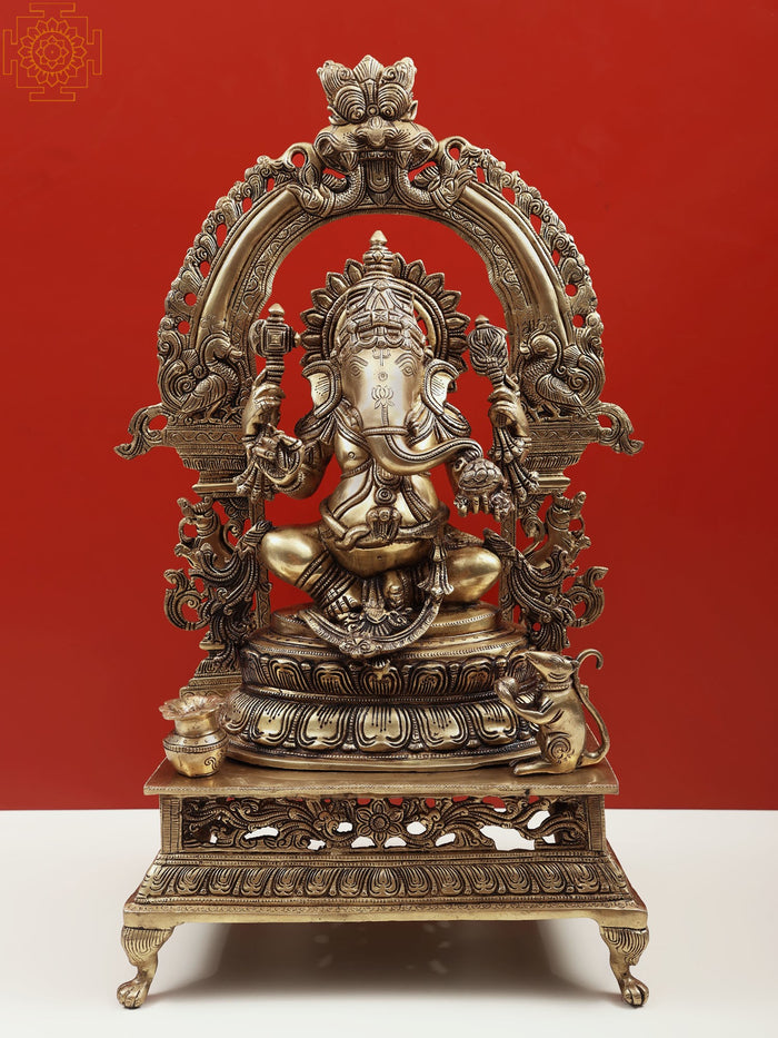 26" Handcrafted Brass Lord Ganesha Idol with Kirtimukha for Home Pooja