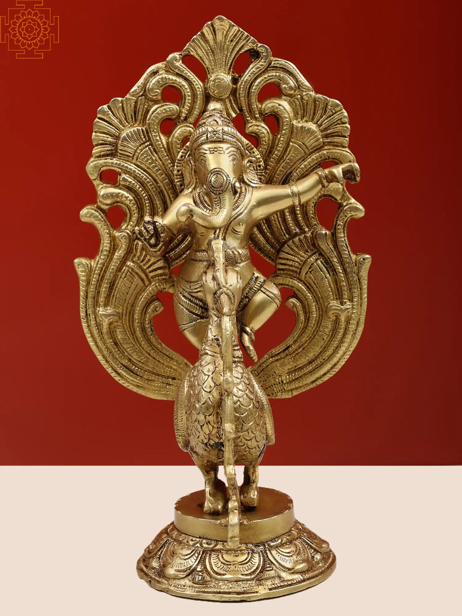 11" Brass Dancing Ganesha On Peacock Statue
