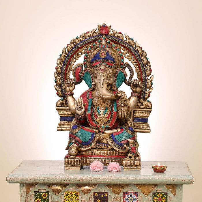 19" Handmade Brass Lord Ganesha Statue with Inlay Work