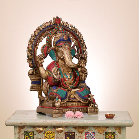 19" Brass Lord Ganesha with Inlay Work | Handmade