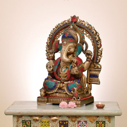 19" Brass Lord Ganesha with Inlay Work | Handmade