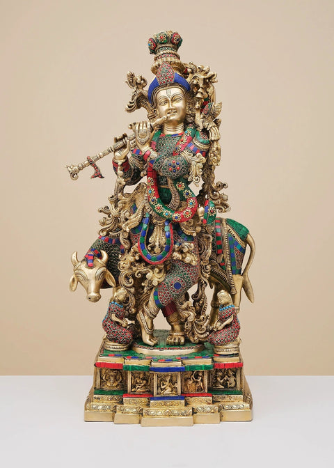 28" Brass Fluting Krishna with His Cow | Handmade
