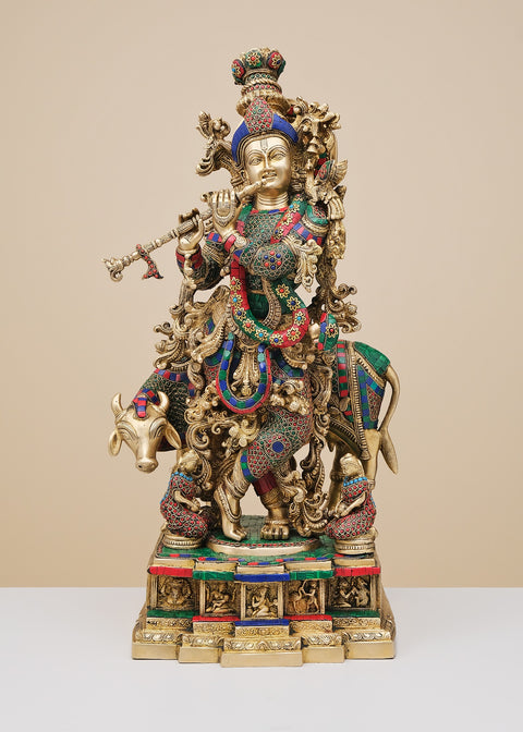 28" Brass Fluting Krishna with His Cow | Handmade