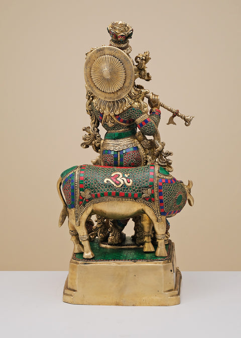28" Brass Fluting Krishna with His Cow | Handmade