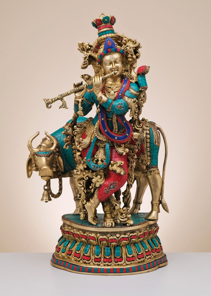 29" Handmade Brass Krishna with Cow Statue