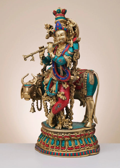 29" Brass Fluting Krishna with His Cow | Handmade