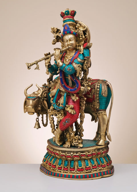29" Brass Fluting Krishna with His Cow | Handmade
