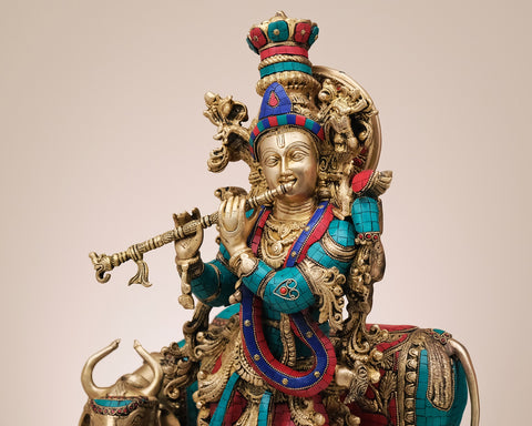 29" Brass Fluting Krishna with His Cow | Handmade