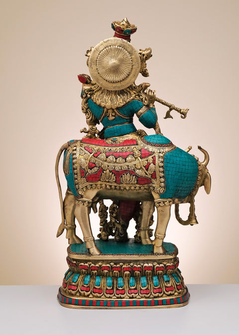 29" Brass Fluting Krishna with His Cow | Handmade