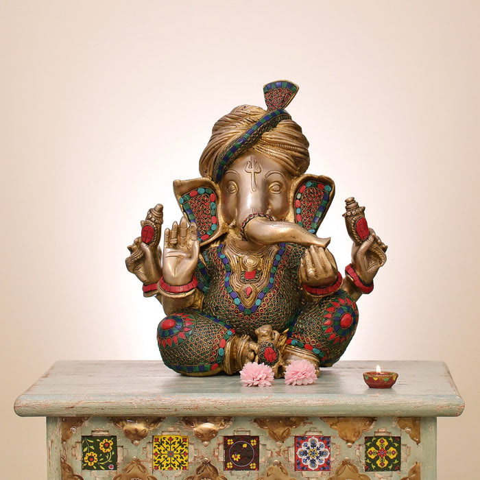 17" Handmade Brass Ganesha Statue with Pagdi and Inlay Work