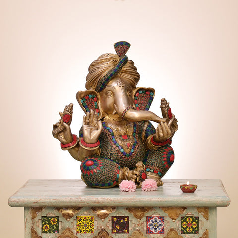 17" Brass Pagdi Ganesha with Inlay Work | Handmade