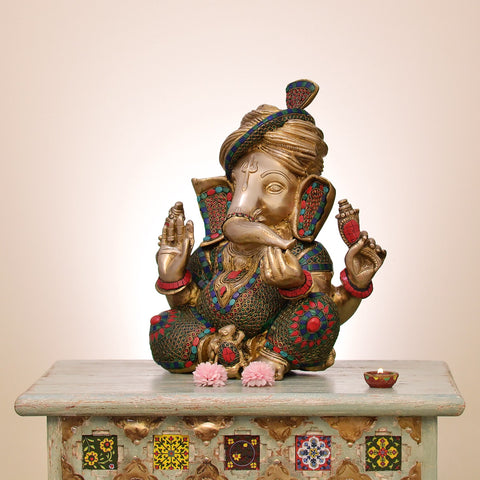 17" Brass Pagdi Ganesha with Inlay Work | Handmade