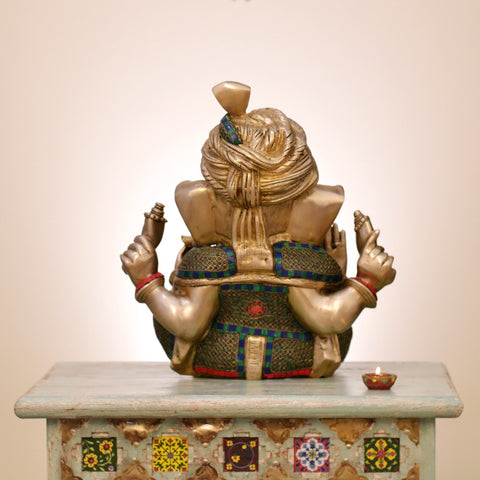 17" Brass Pagdi Ganesha with Inlay Work | Handmade