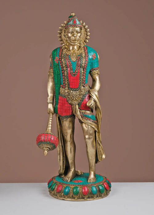 Brass Sankat Mochan Hanuman Ji Handmade Statue with Inlay Work