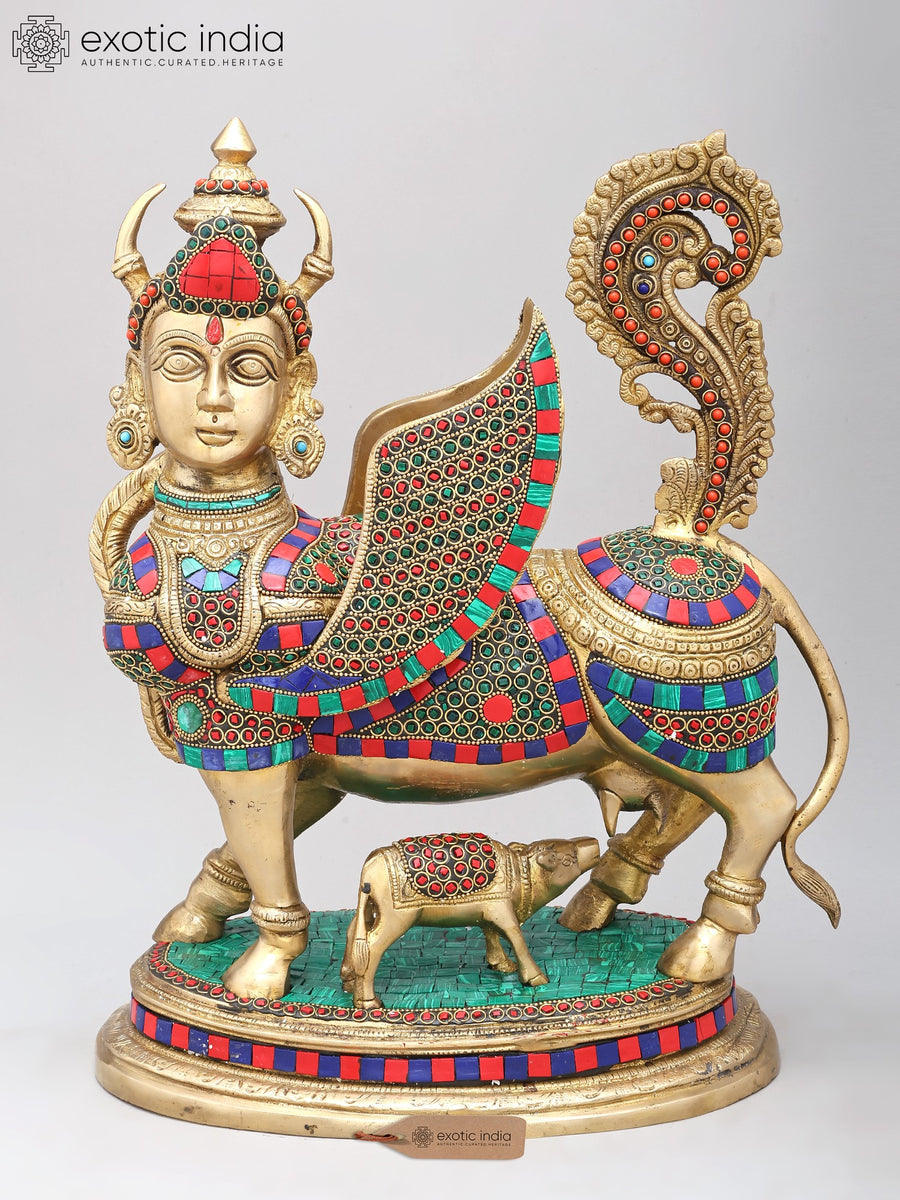 17" Handmade Brass Kamdhenu Cow and Calf Statue with Inlay Work