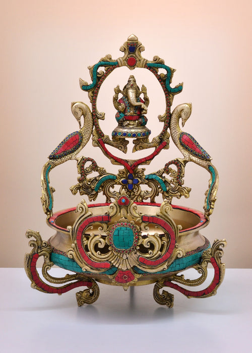 19" Handmade Brass Lord Ganesha Urli with Peacock Statue