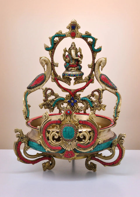 19" Brass Lord Ganesha Urli with Peacock | Handmade