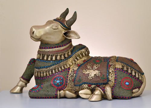 21" Handmade Brass Nandi Statue with Inlay Work