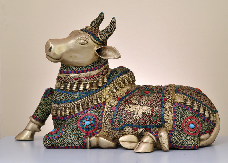 21" Handmade Brass Nandi Statue with Inlay Work