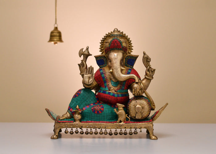 16" Handmade Brass Ganesha Idol with Inlay Work on Pedestal