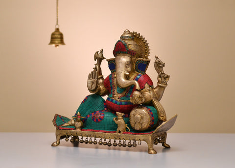 16" Brass Relaxing Ganesha Idol on Pedestal | Handmade Brass Statue with Inlay work