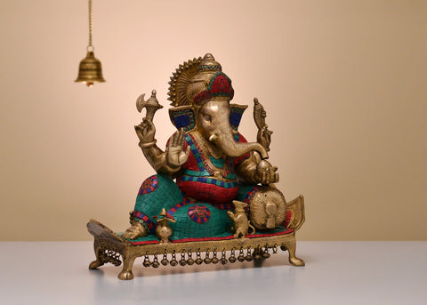 16" Brass Relaxing Ganesha Idol on Pedestal | Handmade Brass Statue with Inlay work